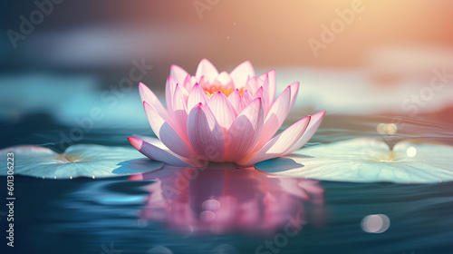 Close-up pink Lotus Flower Floating on blue water. Generative AI