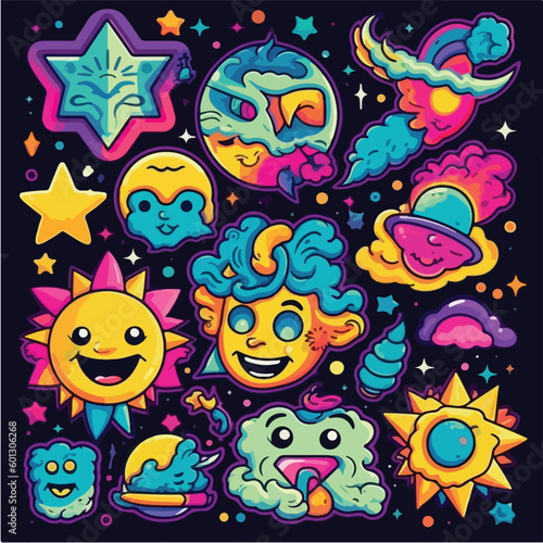 Sticker 90s abstract cartoon character vector smile trendy funny modern retro graphic collection