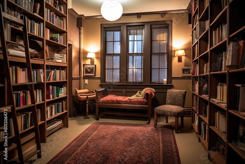 library with stacks of books and reading spot in the corner, created with generative ai