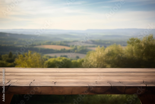 Wooden table with nature background, empty table for product images | AI generated