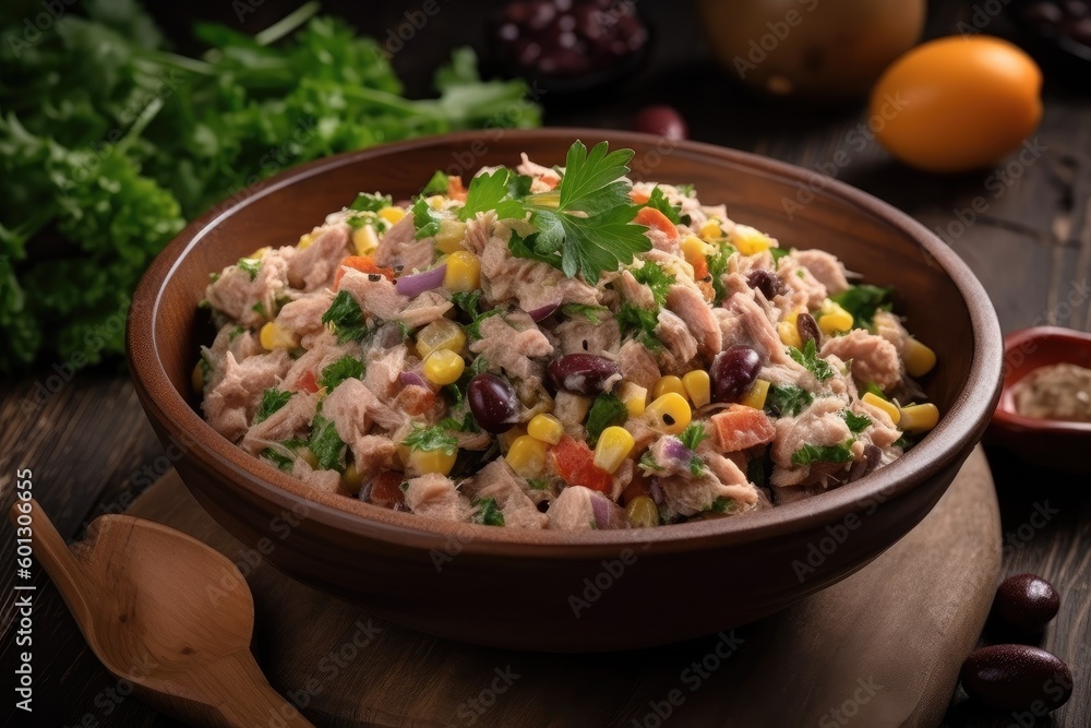 bowl of tuna salad, with mix of vegetables and herbs for flavorful and healthy lunch, created with generative ai bowl of tuna salad, with mix of vegetables and herbs for flavorful and healthy lunch, created with generative ai