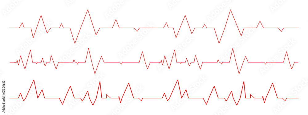 Set of heartbeat diagrams. ECG charts isolated on white background. Cardiac rhythm red lines. Cardio test signs. Cardiology hospital symbols