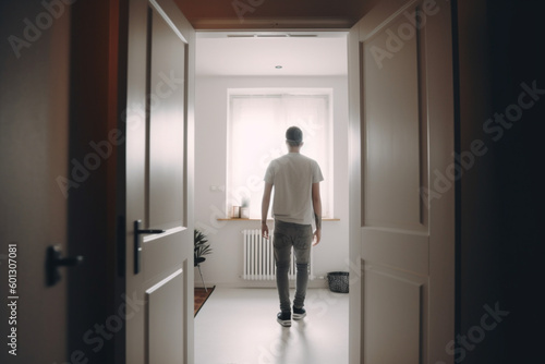 Back rear view of unrecognizable young man walking in his apartment entering new home casual guy standing in doorway of modern flat looking at design interior coming inside selective focus