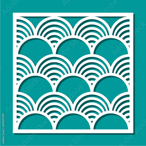 Decorative panel of square shape. Lattice, design element, decoration with a geometric semicircular pattern. Template for plotter laser cutting of paper, fretwork, wood carving, metal engraving, cnc. 