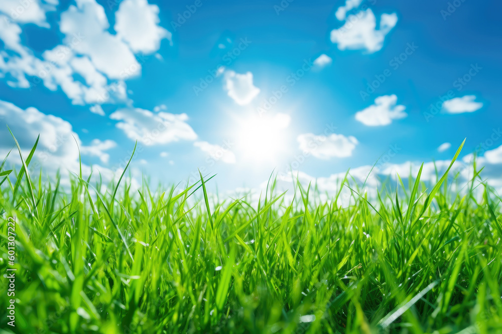 Fototapeta premium Green grass and blue sky with white clouds at summer. Generative AI