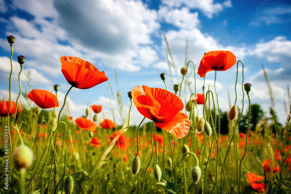 Poppies flowers in field. Generative AI Poppies flowers in field. Generative AI