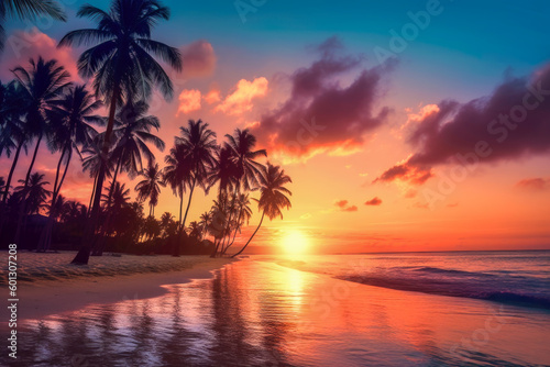 Palm trees silhouettes on tropical beach at sunset. Generative AI