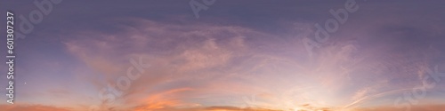 Sunset sky panorama with bright glowing pink Cirrus clouds. HDR 360 seamless spherical panorama. Full zenith or sky dome for 3D visualization, sky replacement for aerial drone panoramas. © svetograph
