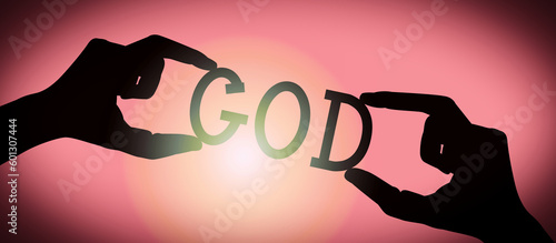 God - human hands holding black silhouette word