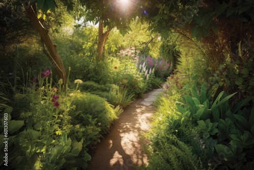 Wallpaper Mural a sun-dappled path through a garden of fresh growth, created with generative ai Torontodigital.ca