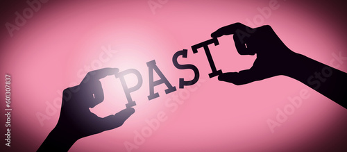 Fotografi Past - human hands holding black silhouette word