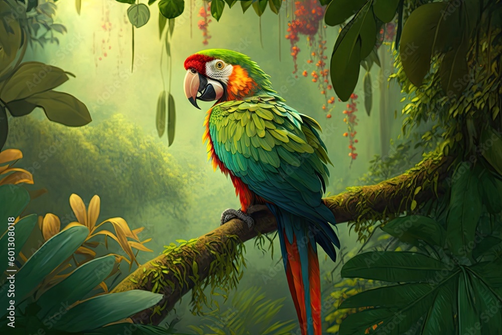 parrot sitting on tree branch, surrounded by lush jungle foliage, created with generative ai parrot sitting on tree branch, surrounded by lush jungle foliage, created with generative ai