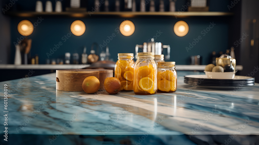 Marble table in the kitchen, empty table for product images | Ai generated Marble table in the kitchen, empty table for product images | Ai generated