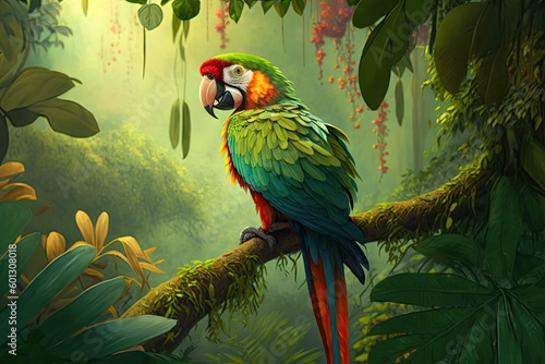 parrot sitting on tree branch, surrounded by lush jungle foliage, created with generative ai © altitudevisual