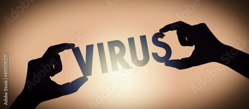 Virus - human hands holding black silhouette word