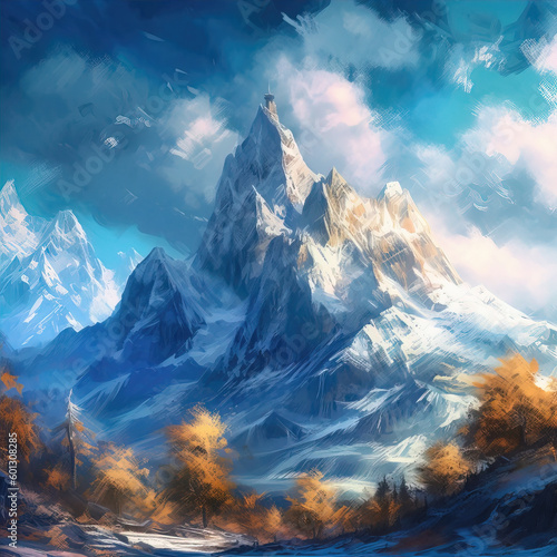 Snow mountain scenery created with generative ai tecnology.