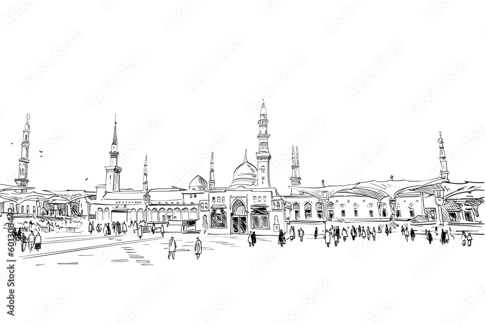 Al-Masjid an-Nabawi. Medina Saudi Arabia. Hand drawn sketch. Vector illustration.
