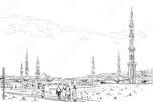Al-Masjid an-Nabawi. Medina Saudi Arabia. Hand drawn sketch. Vector illustration.