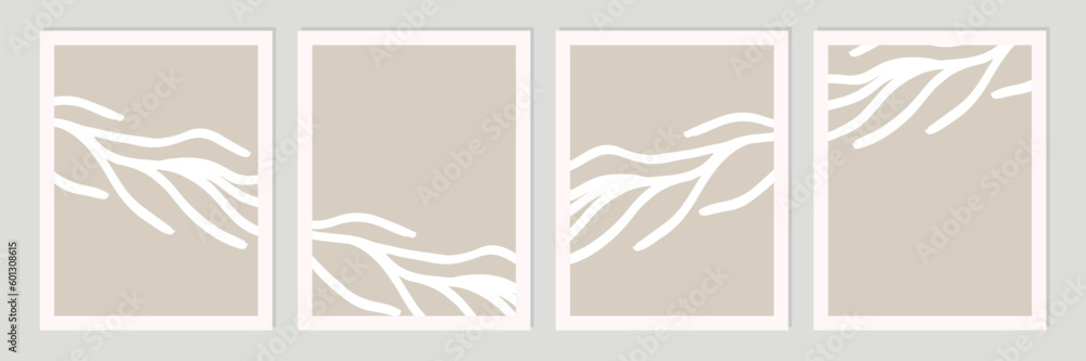 Set of abstract organic shapes, leaves, lines and textures in white on neutral nude and beige background. Set of abstract organic shapes, leaves, lines and textures in white on neutral nude and beige background.
