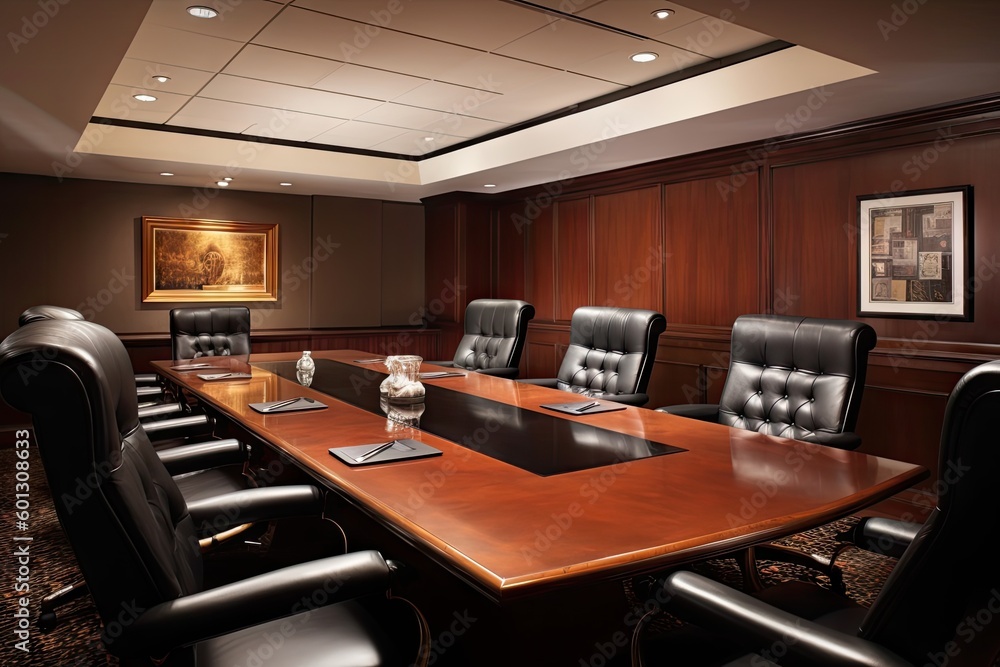 boardroom with black leather seats and mahogany table in well-lit room, created with generative ai boardroom with black leather seats and mahogany table in well-lit room, created with generative ai