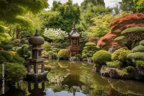 peaceful garden with japanese pagoda, lanterns and koi fish, created with generative ai