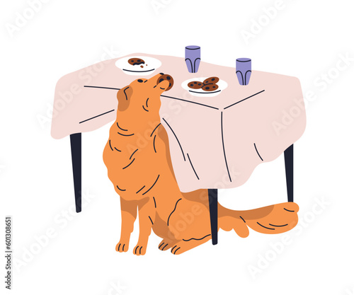 Naughty hungry dog stealing food from table. Mischievous doggy taking, eating, biting cookies. Bad unwanted canine animal behavior at kitchen. Flat vector illustration isolated on white background