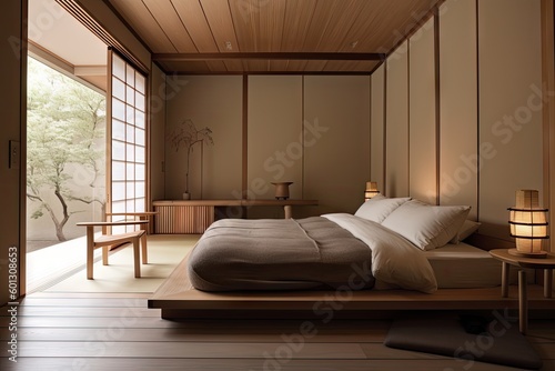 japanesestyle bedroom, with minimalist furnishings and natural textures, created with generative ai photo