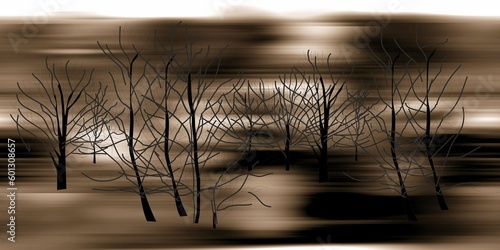 Trees, desert, sunrise over the lake