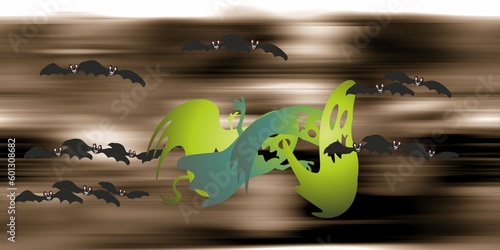 Strange creatures, tropical island with trees and sea