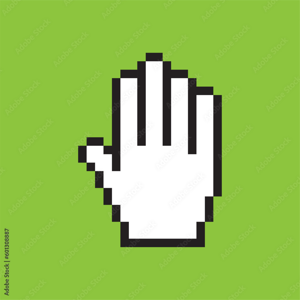 Vector pixel cursor hand icon in gesture, open hand. Green background Vector pixel cursor hand icon in gesture, open hand. Green background