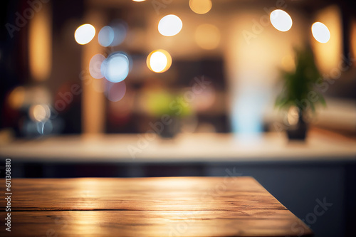 Empty wooden table top for product placement or montage with focus to the table top, blurred coffee shop or cafe,restaurant background. Generative ai.