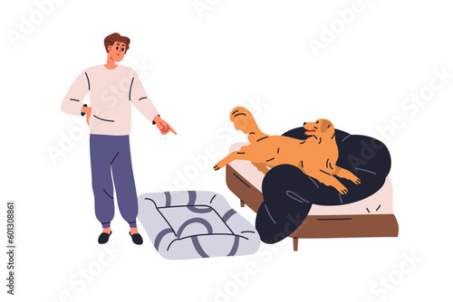 Dog lying in owners bed. Disobedient naughty stubborn doggy lying in wrong place for sleep, ignoring persons commands. Bad canine behavior. Flat vector illustration isolated on white background