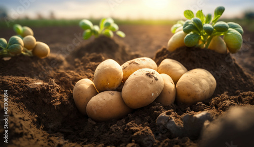 Organic potatoes growing in field. Selective focus on potatoes. Potatoes and sprouts in the soil. The concept of healthy food.