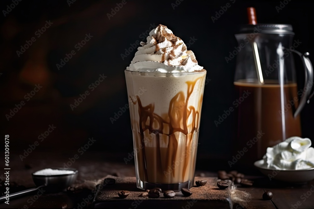 iced coffee latte with foamed milk, drizzle of chocolate syrup, and sprinkling of cinnamon, created with generative ai