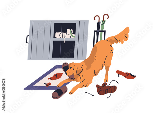 Naughty dog chewing shoes, tearing, damaging things at home. Bad canine behavior. Doggy behaving badly, ripping footwear. Zoo psychology. Flat graphic vector illustration isolated on white background