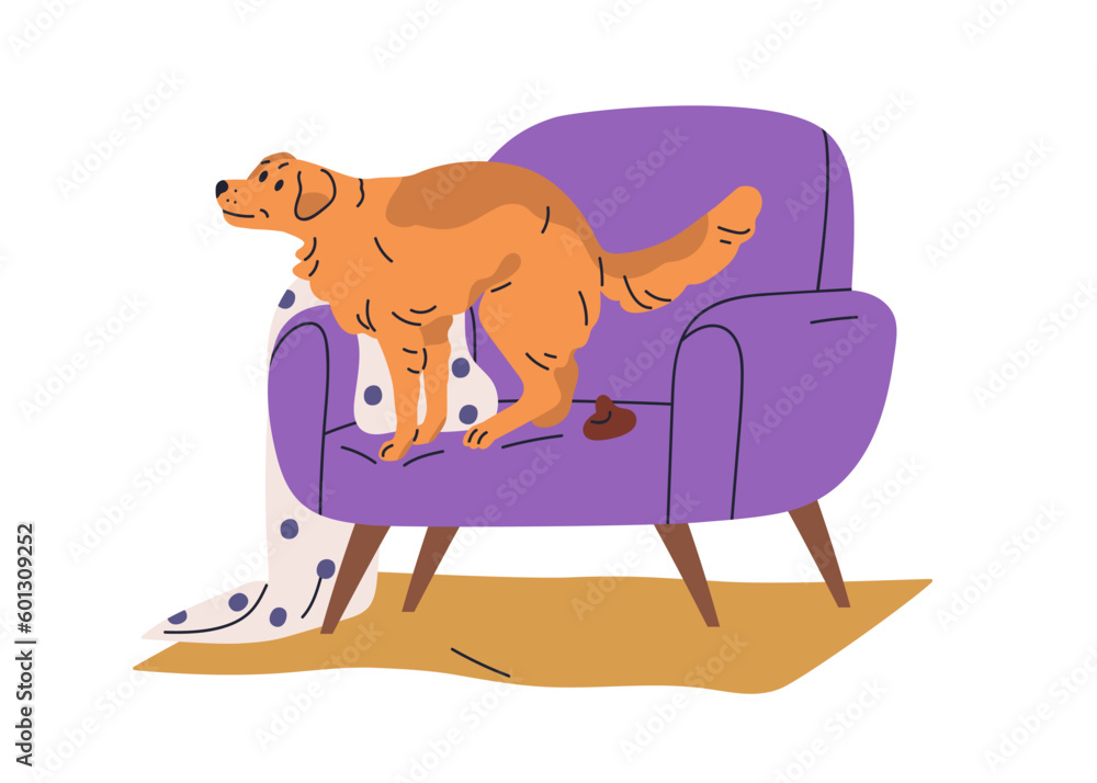 Vecteur Stock Dog pooping on furniture. Bad unwanted behavior problem
