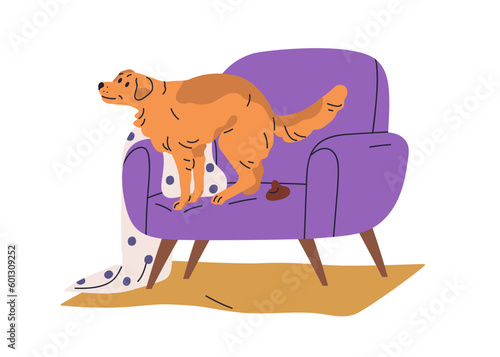 Dog pooping on furniture. Bad unwanted behavior problem, canine defecation at home. Doggy spoiling armchair with shit, feces, excrement. Flat vector illustration isolated on white background