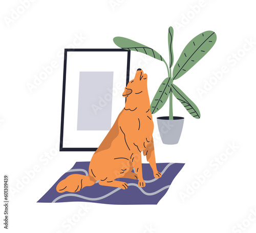 Lonely dog howling, whining at home. Bored sad unhappy doggy alone, missing and waiting. Canine animal behavior problem, zoopsychology concept. Flat vector illustration isolated on white background