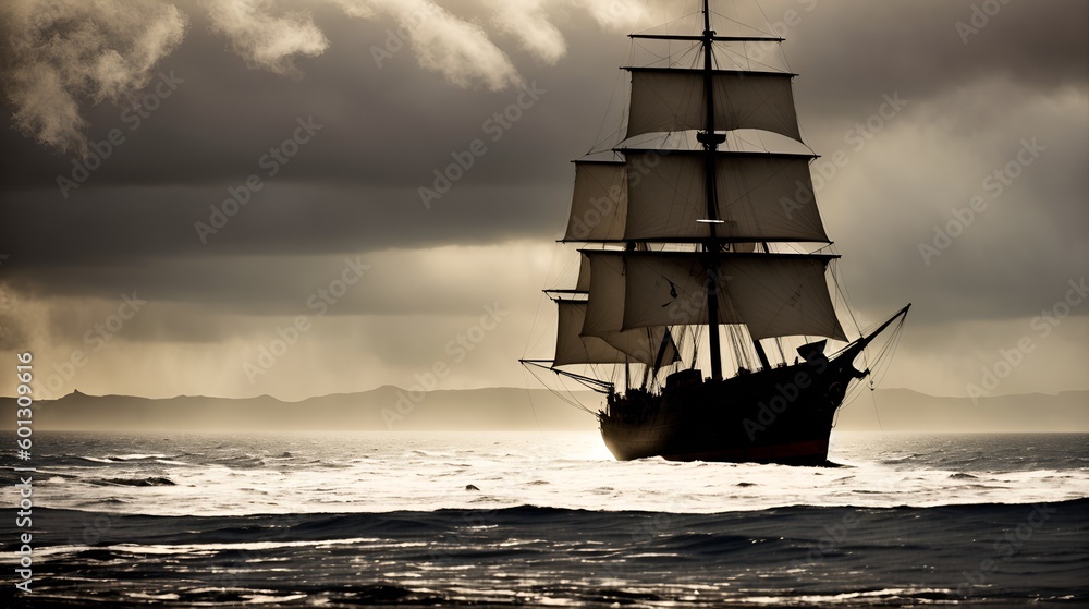 a pirate ship sails across the vast expanse of the sea