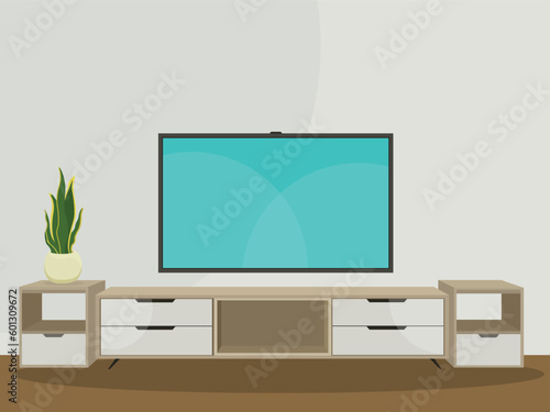 Vector illustration of modern interior tv cabinet design. Minimalist. Shelf tv in modern empty room, minimal design.