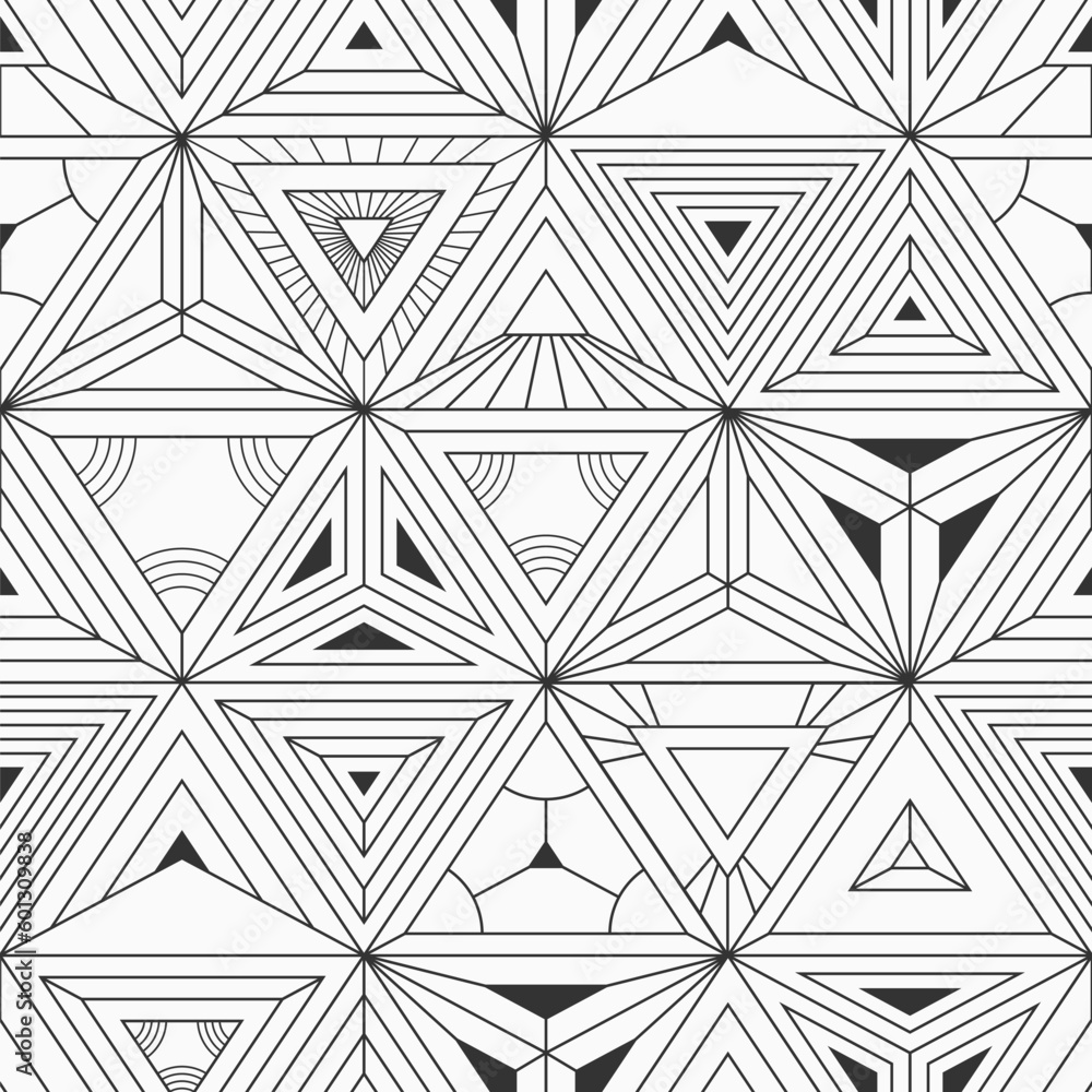 Abstract geometric seamless pattern with triangles. Outline triangles geometric lattice. Ornamental triangles pattern. Black and white vector background.