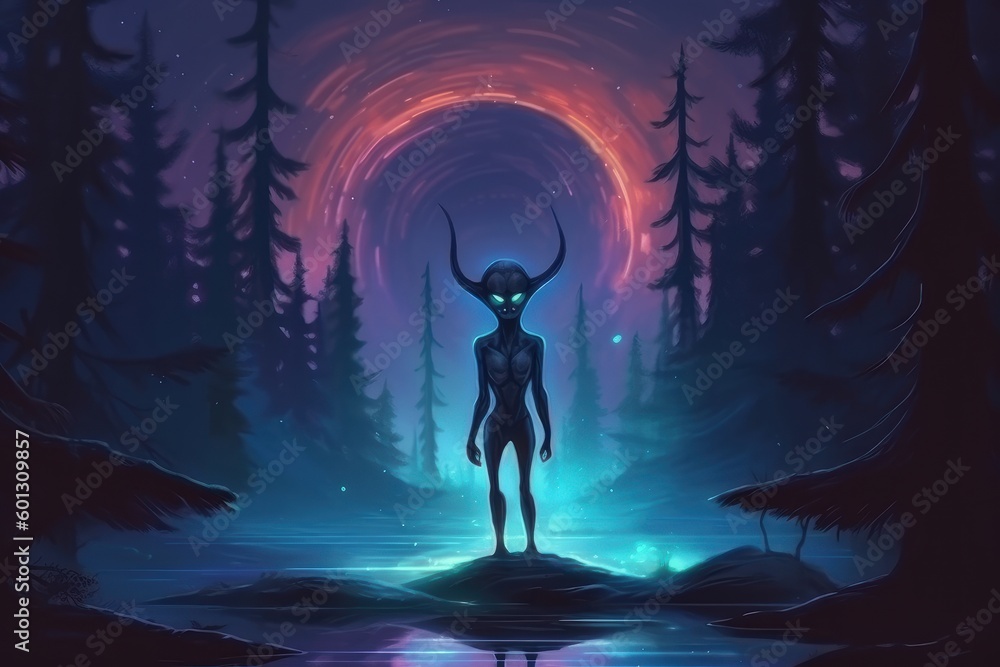 Oil painting syle alien in the night forest. Beautiful illustration picture. Generative AI