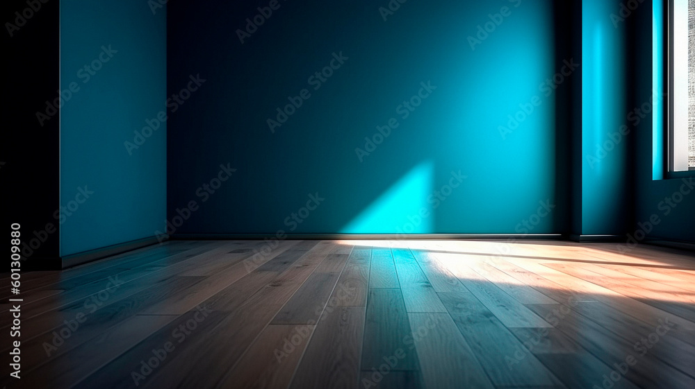 an empty room with a blue wall and a wooden floor. High quality