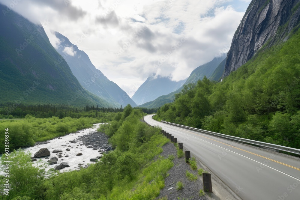 scenic highway, with view of rushing river and towering mountains in the background, created with generative ai