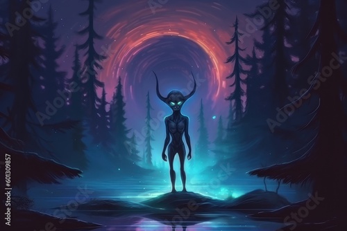 Oil painting syle alien in the night forest. Beautiful illustration picture. Generative AI © standret