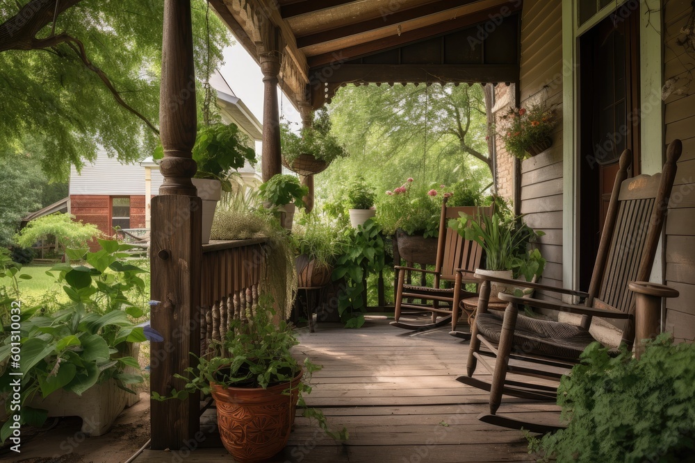 porch with rocking chair and potted plants, surrounded by lush greenery, created with generative ai
