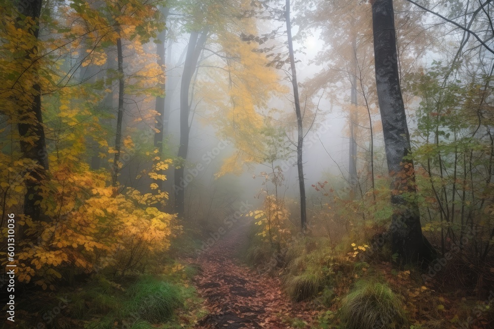 misty autumn morning in the forest, with mist rising among the trees, created with generative ai