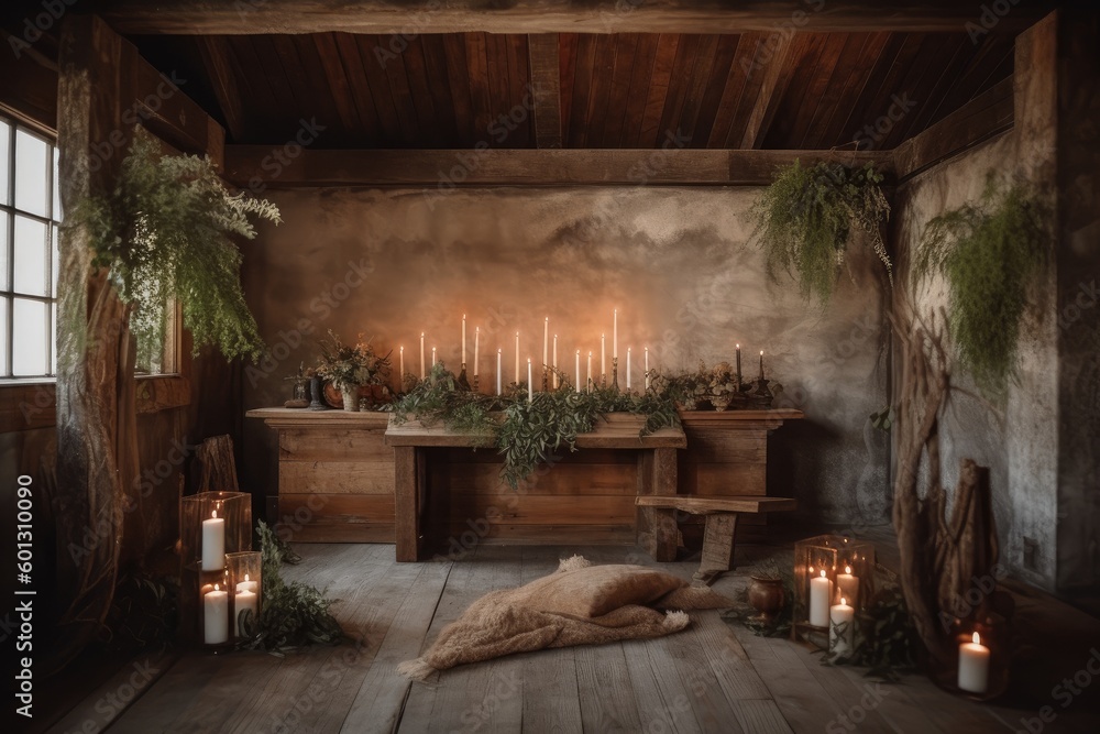 ceremony space with rustic wooden altar, candles, and greenery for a natural and inviting vibe, created with generative ai ceremony space with rustic wooden altar, candles, and greenery for a natural and inviting vibe, created with generative ai