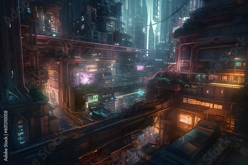 high-resolution image of a dark theme cyberpunk city from an aerial view.