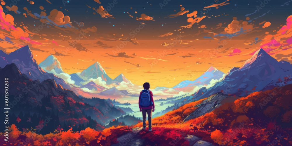 Evening time. Person with backpack standing on top of the mountain, anime style. Beautiful illustration picture. Generative AI